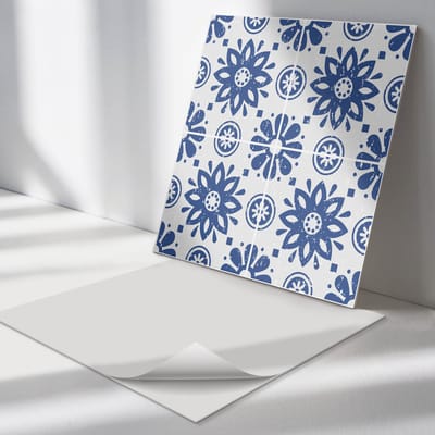 Wallfluent Vinyl Tegels - Achtergrond met Bloemenpatroon Zelfklevende PVC Tegels - 30 cm x 30 cm - Marine Vinyl Tegels - Set van 9 - Vierkant PVC Tegels - Patroon Plaktegels - Vinyl Vloer Tegels - Plaktegels Keuken en Badkamer
