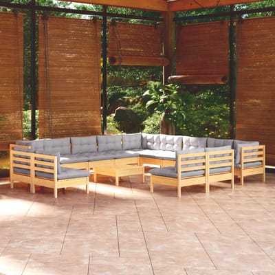 vidaXL - 14-delige - Loungeset - met - grijze - kussens - massief - grenenhout