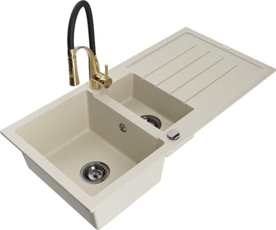 Mexen Andres granieten gootsteen 1,5-kamer met afdruiprek en keukenmengkraan Aster, beige - 6515-69-73450-57-B