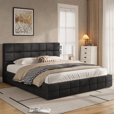OKWISH Gestoffeerd Bed 180x200 cm - Platformbed Met Hoofdbord - Ademend Lattenbodem - Zonder Matras - Fluweel - Zwart