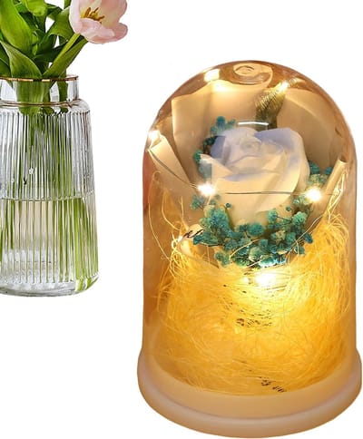 Rozenboeket Glazen Stolp - Bewaarde Bloemen - Warme Sfeer Decor - Met Verstelbare Gloed - 15 x 10.5 cm - Lichtblauw