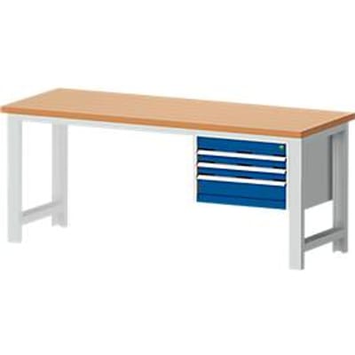 Bott Cubio werkbank, koper beuken werkblad 40 mm, B 2000 x D 750 x H 740-1140 mm, draagvermogen 1200 kg, stalen frame, 3 laden
