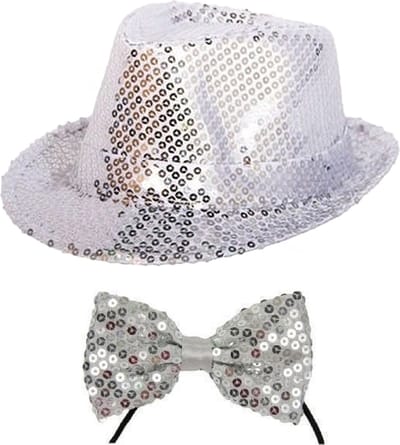 Faram Verkleedkleding set zilveren hoed en strikje glitter volwassenen