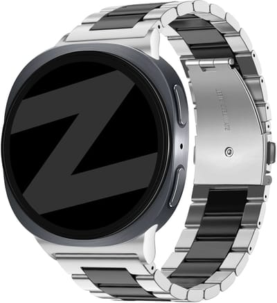Bandz Stalen schakel band 'Classic' - Hoogwaardig RVS bandje geschikt voor Samsung Galaxy Watch 9 (40/44mm) / Watch 8 (40/44mm) / 8 Classic (46mm) - inclusief inkortset (zilver/zwart)