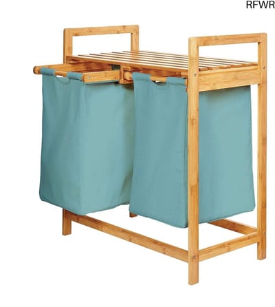 RFWR® Stijlvolle Bamboe Wasmand met 2 Uittrekbare Waszakken – Hoogte 73 cm, Lichtblauw