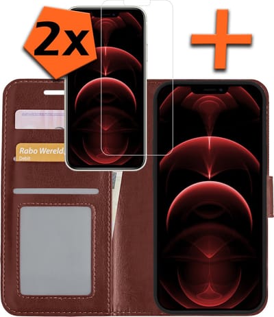 Hoes - Met 2x Screenprotector - Geschikt voor Apple iPhone 13 - Luxe Pasjeshouder - Bookcase Portemonee - Flip Case - Kunstleer Book Case - Flipcase Hoes - Book Cover - Walletcase - PortemonneeHoes - Bruin