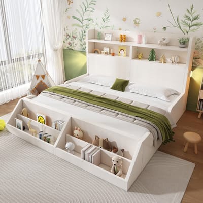Tweepersoonsbed 140x200 cm - kinderbed met opbergrek - nachtlampje - afneembare boekenplank - wit - zonder matras