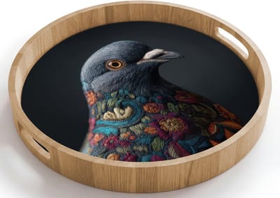 Dienblad rond 40x40 cm - Schootdienblad hout - Duif - Bloemen - Zwart - Borrelplank rechthoek - Plateau houten dienbladen