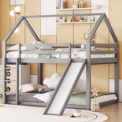 MEUNIQ stapelbed huisbed 140x200 cm met glijbaan en ladder, kinderbed met verwisselbare trap en glijbaan, houten bedframe voor kinderkamer, grijs