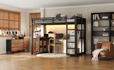 Hoogslaper 140x200 - Met Bureau En Opbergruimte - Zwart - USB En LED