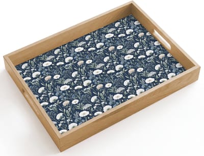 Dienblad hout 40x30 cm - Schootdienblad - Patroon - Bloemen - Wit - Blauw - Borrelplank rechthoek - Plateau dienbladen