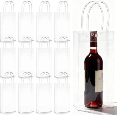 12 stuks flessenkoelers, Ice Bag: 10 x 25 x 10 cm, PVC ijszakken, flessenkoeler, transparante champagnekoeler, lekvrije ijstas met handvat voor koud bier, wijn, dranken, outdoor, camping