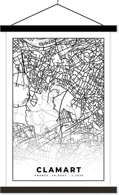 Posterhanger incl. Poster 40x60 cm - Schoolplaat - Frankrijk - Clamart - Plattegrond - Stadskaart - Kaart - Zwart wit - Textielposter - Zwarte latten - Stadskaart