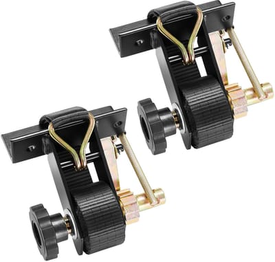 Zwaar uitgevoerde ladderrek-ratelbanden, zwarte vierkante buisbevestiging, 38 mm breed x 2,25 m lang, met dubbele J-haken, draagvermogen 226,8 kg, veilige ladingriemen (2 stuks)