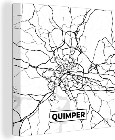 Canvas Schilderij Quimper - Plattegrond - Kaart - Frankrijk - Stadskaart - Zwart wit - 20x20 cm - Wanddecoratie
