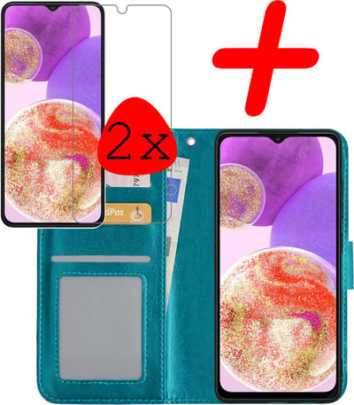 Hoesje Met 2x Screenprotector - Geschikt voor Samsung Galaxy A23 - Luxe Pasjeshouder - Bookcase Portemonee - Flip Case - Kunstleer Book Case - Flipcase Hoes - Book Cover - Walletcase - Portemonneehoes - Turquoise