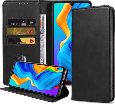 Smartphonica Telefoonhoesje geschikt voor Huawei P30 Lite kunstleren Hoesje met Magnetische sluiting en Pasjeshouders Book Case met Klepje - Zwart geschikt voor Huawei P30 Lite