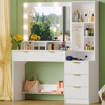 Kaptafel met LED Spiegel, Make-up Tafel met Opbergruimte en Lades
