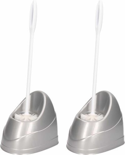 PlasticForte WC borstel met houder - 2x - zilverkleurig - 45,5 cm - kunststof - toiletborstels