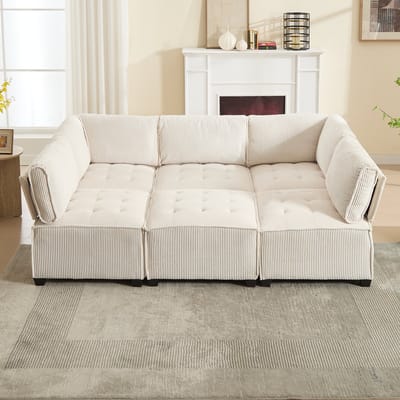 MODFU Modulaire 6-Zits Bank - Ergonomische Rug- En Armleuningen - Flexibele Opstelling - Ribstof - Beige - 308 X 154 X 81,99 Cm