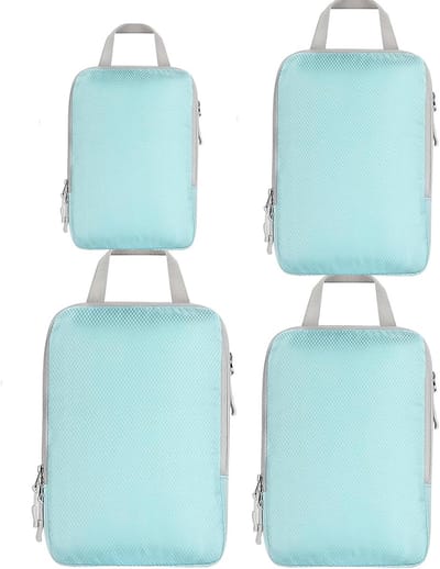 Reis Organisatie Kubussen - Opbergzakken Koffer - Bagage Ordenen - Compressie Functie - 4 Stuks - Lichtblauw