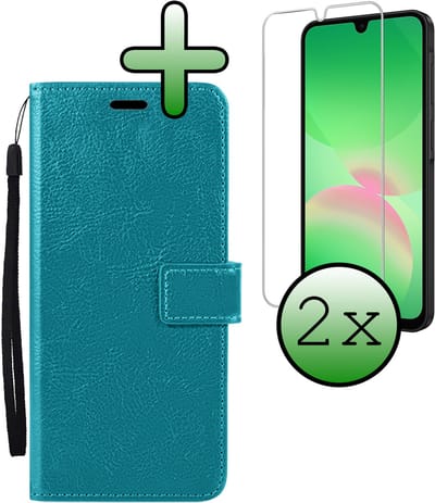 Hoesje Met 2x Screenprotector - Geschikt voor Samsung Galaxy A26 - Luxe Pasjeshouder - Bookcase Portemonee - Flip Case - Kunstleer Book Case - Flipcase Hoes - Book Cover - Walletcase - Portemonneehoes - Turquoise