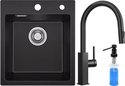 SOFETIY MAX Granieten Spoelbak 40x45CM - Spoelbakken Keuken Zwart - Enkele Spoelbakken Met Keukenkraan met Uittrekbare Uitloop en Zeepdispenser 300ML - Spoelbakken Incl. Sifon en Afvoerzeefje
