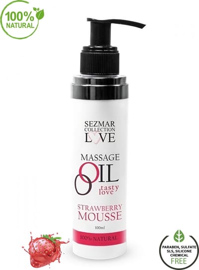 Sezmar Tasty Love Erotische Massageolie Strawberry: Perfectie voor Pure Sensualiteit, Diepe Verbinding en Romantische Verwennerij, 100% Natuurlijk | 100 ml