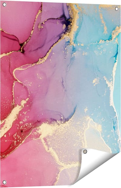 Gards Tuinposter Abstracte Kunst van Marmer - Roze met Blauw - 60x80 cm - Tuindoek - Tuindecoratie - Wanddecoratie buiten - Tuinschilderij