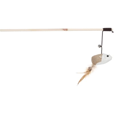 Chat en Bois Bâton Drôle Baguette Jouet Teaser pour Animaux Souris Jouets avec Clochette Claire Plume et Souris en Lin white