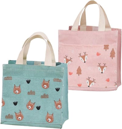 Mini Herbruikbare Kruidenierszakken in Groen en Roze - Duurzame Canvas Tote voor School, Kantoor en Reizen