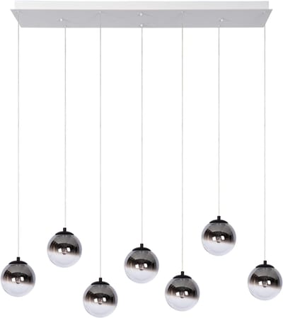 Atmooz Monza 7 hanglamp rechthoek – witte plafondplaat – 7 smoky grijze glasbollen – geïntegreerde LED 2700K – dimbare hanglampen eetkamer – moderne meerlichts designlamp – luxe glas met dropdetail – wit en smoky grey