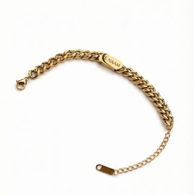 Armband met graveer, Armband met naam, Armband met gravure goudkleurig - schakelarmband - naamplaat - verstelbaar - RVS, Armband met naamplaatje ,graveerarmband