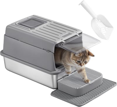 Feandrea - Kattenbak - Van Roestvrij Staal - Met Deksel en Schep - 2 Ingangen - Inclusief Mat