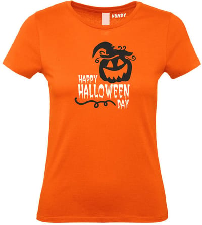 Dames t-shirt Happy Halloween Day | Halloween kostuum kind dames heren | verkleedkleren meisje jongen | Oranje | maat XS