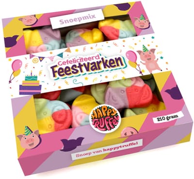 Snoeppakket “Gefeliciteerd Feestvarken” Biggetjes snoep (210 gram)