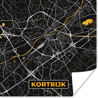Poster Kortrijk - Goud - Stadskaart - Plattegrond - Kaart - 100x100 cm XXL