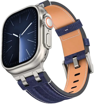 Strap-it Denim leren bandje geschikt voor 1/2/3/4/5/6/7/8/9/10/11/SE/SE2/SE3/Ultra (2/3) - Maat: 44/45/46/49mm - Blauw/Zilver