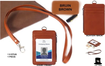 Bob Online ™ - Setje - 1 Stuk – Bruin - Verticale ID- Badgehouder met PU-leer Lanyard – ID- Badgehouder met ritssluiting – 5 Kaartsleuven – 48 cm Nekkoord – Multifunctioneel ID- Kaarthouder – Vertical PU Leather ID Badge Holder + PU Leather Lanyard