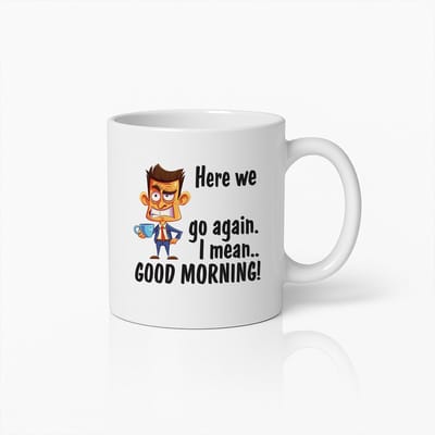 330ml Grappige Ochtend Koffiemok – "Daar Gaan We Weer, Ik Bedoel... Goedemorgen!" – Humoristische Beker Voor Thuis & Kantoor