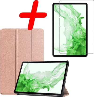 Hoesje Geschikt voor Samsung Galaxy Tab S8 - Met Screenprotector - Trifold Bookcase - Hard Cover - Hardcover Book Case - Tablet Hoes - Rosé goud