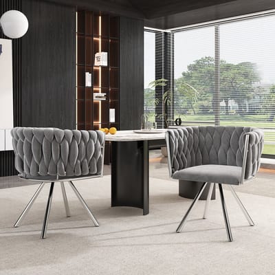 Sweiko Set van 2 eetkamerstoelen, enkele 360° draaistoel voor woonkamerslaapkamer met vier zilverkleurige metalen steunpoten, fluweel, grijs