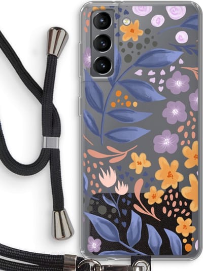 Case Company® - Hoesje met koord geschikt voor Samsung Galaxy S21 hoesje met Koord - Flowers with blue leaves - Telefoonhoesje met Zwart Koord - Bescherming aan alle Kanten en Over de Schermrand
