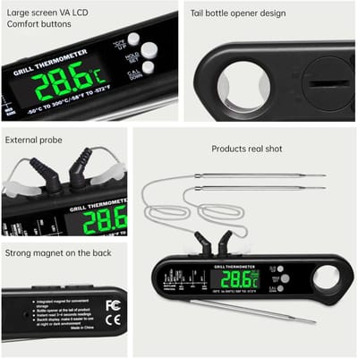 Digitale Vleesthermometer voor Koken Batterijgevoed Dubbele Sonden 2 3s Direct Afleesbare Vleesthermometer met Magneet Alarm zwart