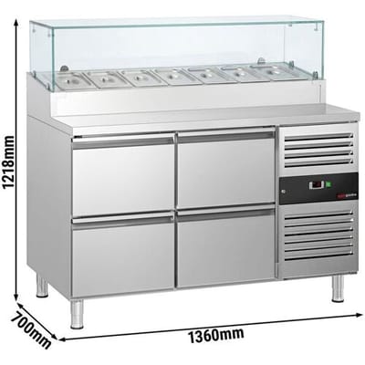 GGM Gastro Zubereitungstisch PREMIUM - 1360mm - 4 Schubladen - mit Glasaufsatz - für 7x GN 1/3