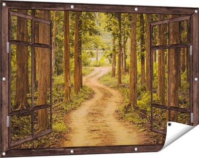 Gards Tuinposter Doorkijk Pad in het Bos met Bomen - 120x80 cm - Tuindoek - Tuindecoratie - Wanddecoratie buiten - Tuinschilderij