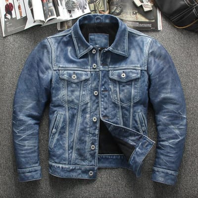 Leer Heren Handgewreven Kleur Vintage Do Old Hoofdlaag Koeienhuid Casual Revers Denim Motorjas 4XL gray