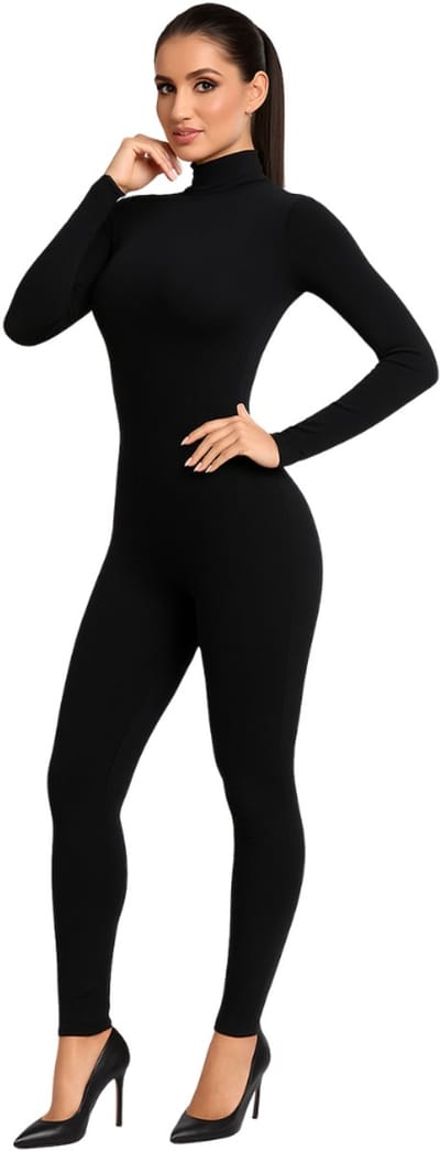 Joya Kids® Zwarte Jumpsuit Dames | Thermo Bodycon Catsuit met Fleece Binnenlaag | Aansluitend Stretch Pak met Rits Achterkant & Col | Basis Onderlaag Winter | Verkleedpak Vrouw Halloween | Maat S