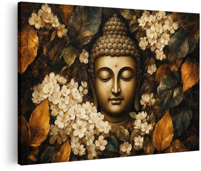 Artaza Canvas Schilderij Boeddha Portret Met Bloemen - Religieuze Kunst - 30x20 cm - Klein - Wanddecoratie Woonkamer - Schilderijen - Muurdecoratie