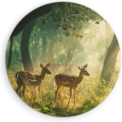 Saammp Muurcirkel Hout - 2 Hertjes in het bos - Landschap - Natuur - Ø 90 - Wandcirkel - Wanddecoratie Cirkel - Muurdecoratie Woonkamer - Slaapkamer decoratie - Rond Schilderij